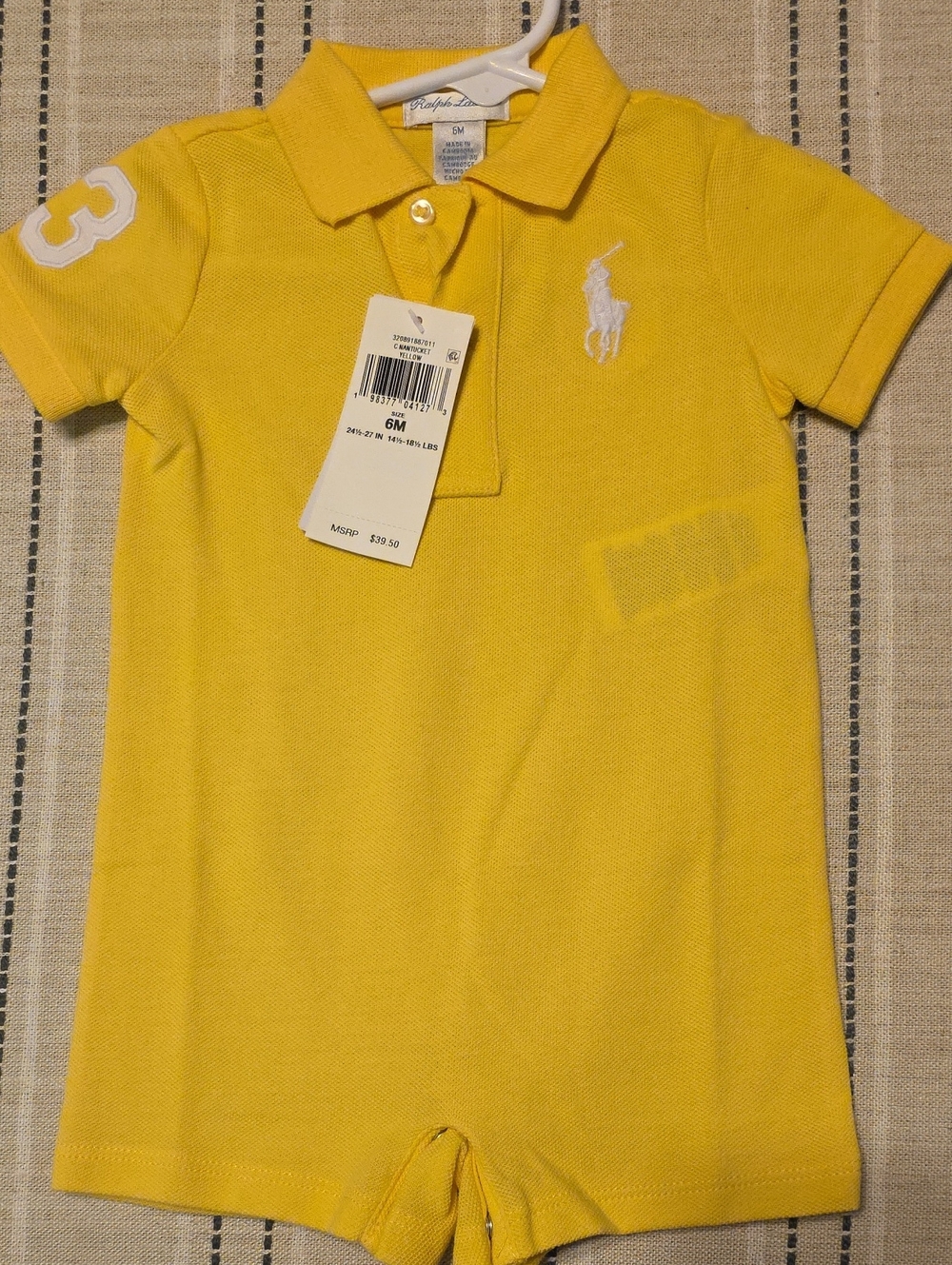 Ralph Lauren Yellow Polo One-Piece Bodysuit with White Pony